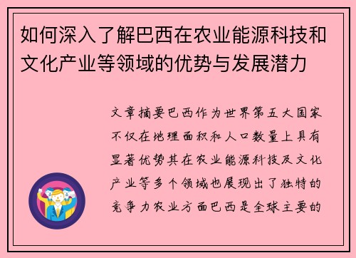 如何深入了解巴西在农业能源科技和文化产业等领域的优势与发展潜力