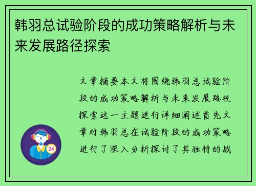 韩羽总试验阶段的成功策略解析与未来发展路径探索